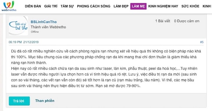 Thành viên có tên BSLinhCanTho cho ý kiến về phương pháp trị rạn da bằng laser webtretho