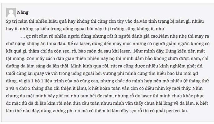 Khách hàng từng kinh qua nhiều phương pháp điều trị nám nhưng đạt hiệu quả cuối cùng với Vương Phi